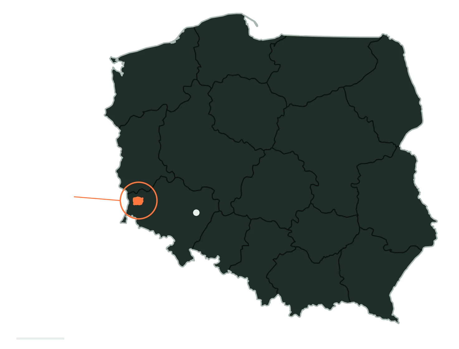 Map of Poland with Nadleśnictwo Węgliniec marked west of Wrocław
