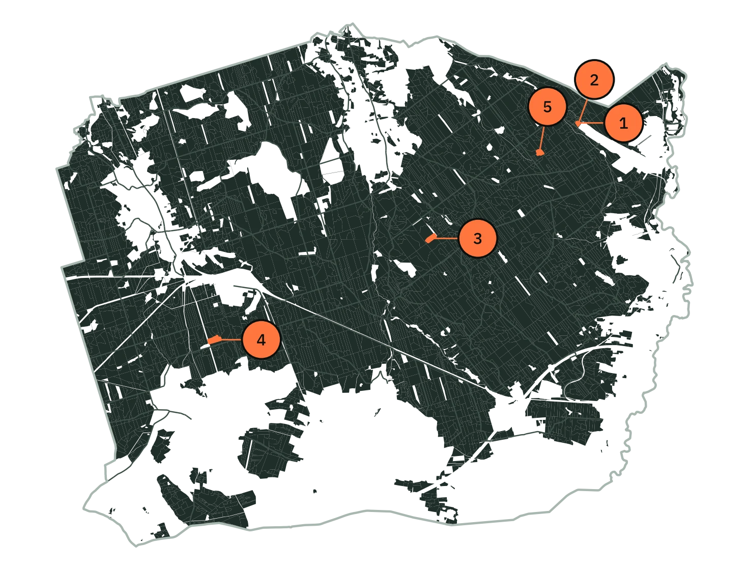 Map of Nadleśnictwo Węgliniec with the five highest-ranked stands marked 1 to 5